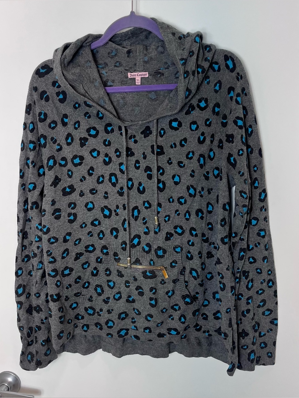 Juicy Couture Hooded Pullover Sweatshirt Gray Black Blue Leopard Print XL Hoodie